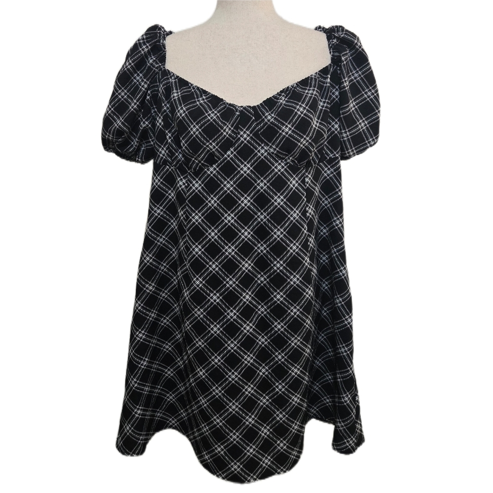 H&M Divided Black & White Plaid Puff Sleeve Mini Dress Milkmaid Smocked Size XL - Picture 3 of 12